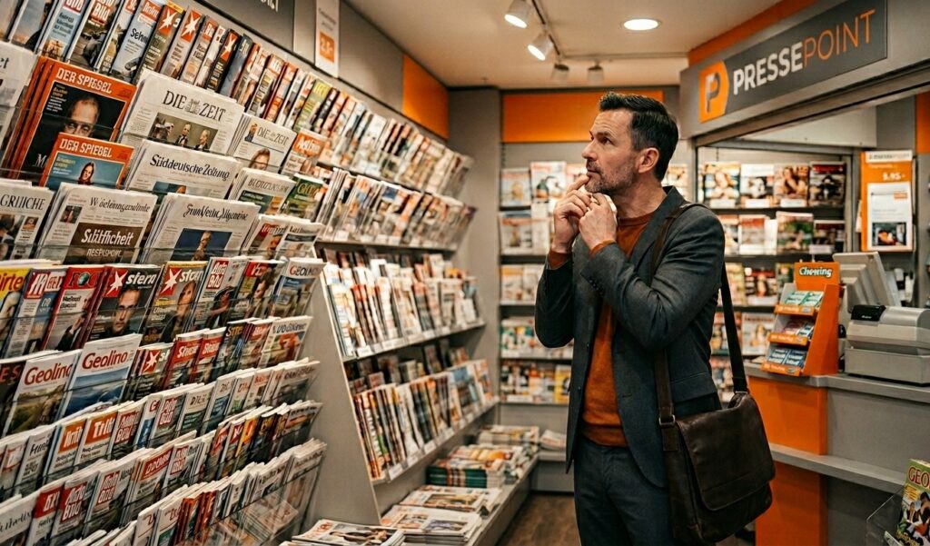 Mann im Kiosk, der sich Zeitungen aussucht.