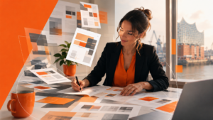 Frau im Büro schreibt Artikel